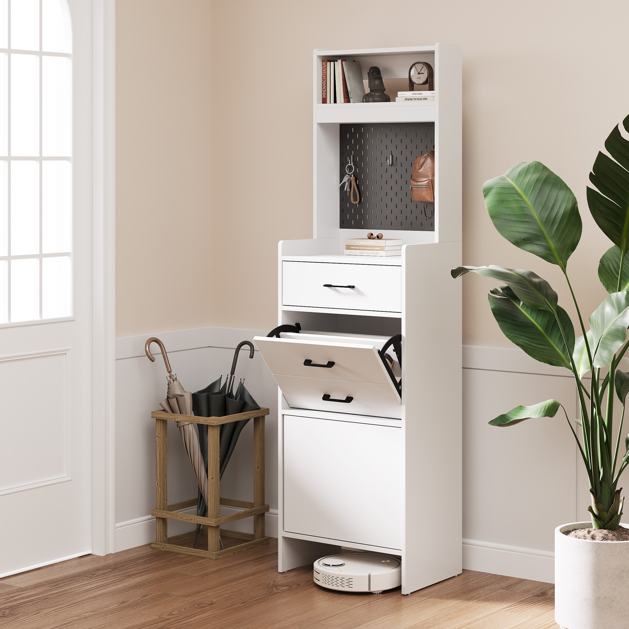 5-in-1 Shoe Cabinet With Flip Drawer, Entryway Shoe Storage With Pegboard, Adjustable Shelf, Wood Entryway Cabinet, White_voghion.com